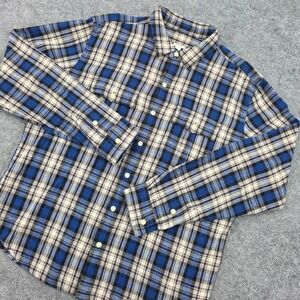Fossil Mens XL Blue Plaid Flannel Shirt Long Sleeve Button Down Cotton Pocket